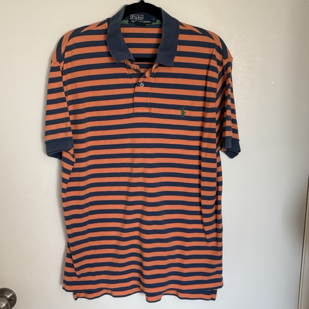 Vintage Ralph Lauren Polo Orange Blue Striped Polo Shirt Mens Large Pony Preppy